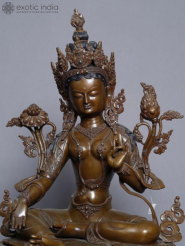 Exotic India 14" Statue Of Goddess Green Tara In Copper Gold Plated From Nepal | Handmade Goddess Idol 
