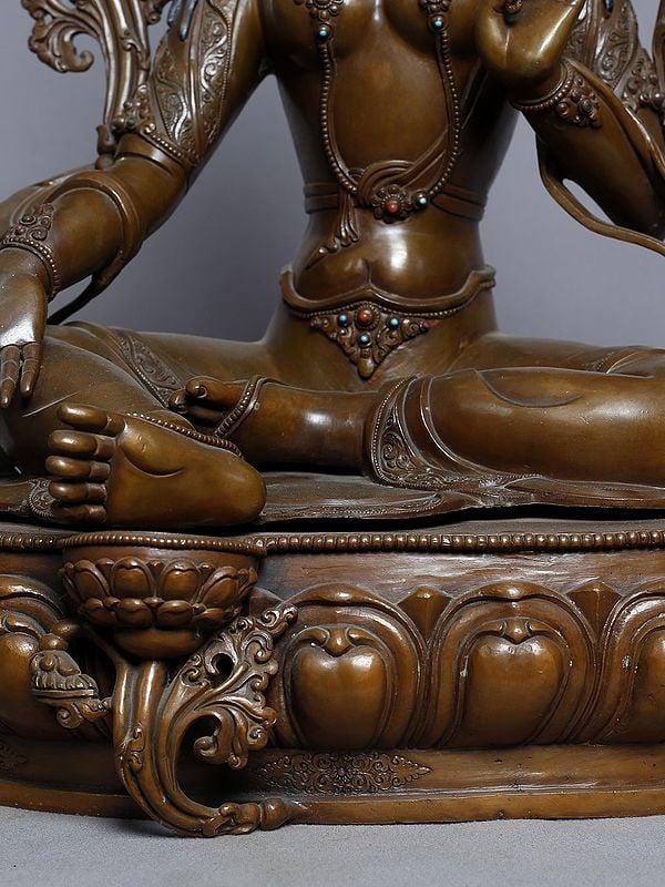 Exotic India 14" Statue Of Goddess Green Tara In Copper Gold Plated From Nepal | Handmade Goddess Idol 