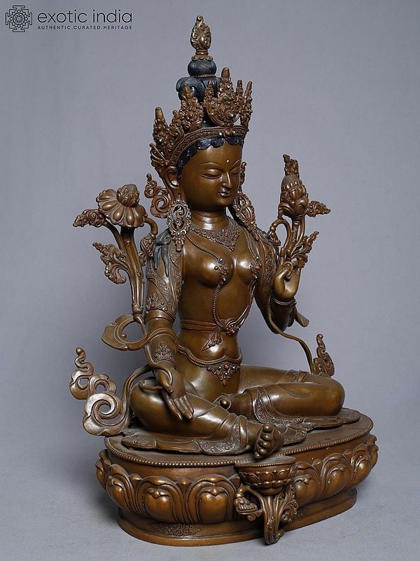 Exotic India 14" Statue Of Goddess Green Tara In Copper Gold Plated From Nepal | Handmade Goddess Idol 
