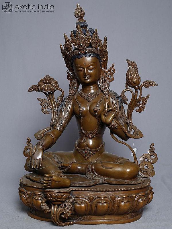 exotic india 14" Statue Of Goddess Green Tara In Copper Gold Plated From Nepal | Handmade Goddess Idol 