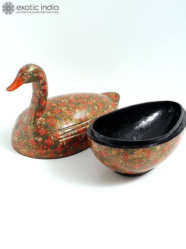 Exotic India 14" Superfine Hand Painted Multi-Purpose Duck Box | Paper Mache Box From Kashmir 
