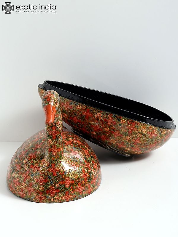 Exotic India 14" Superfine Hand Painted Multi-Purpose Duck Box | Paper Mache Box From Kashmir 