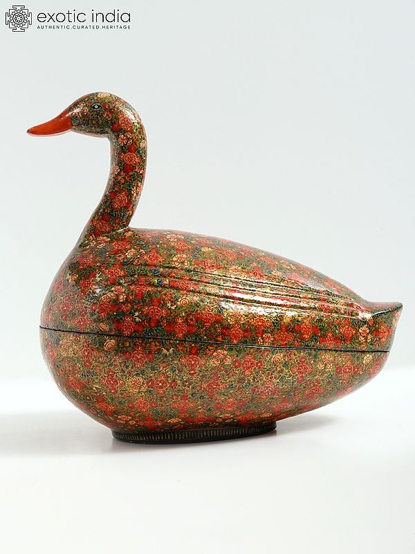 exotic india 14" Superfine Hand Painted Multi-Purpose Duck Box | Paper Mache Box from Kashmir 