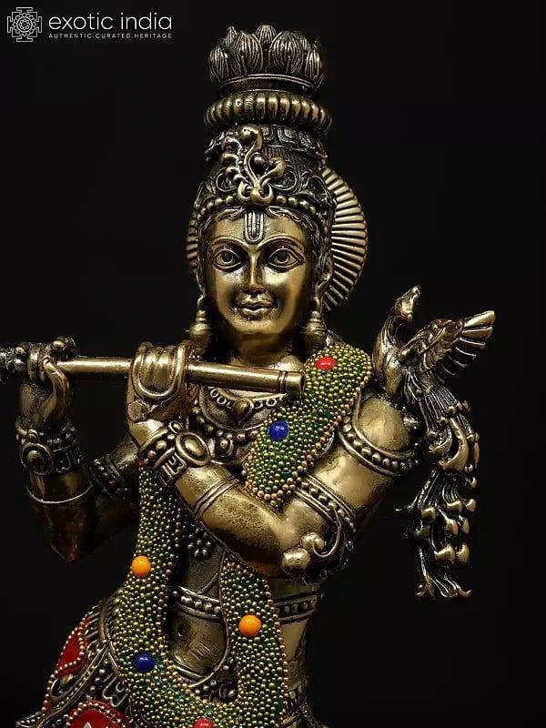 Exotic India 14" Superfine Tribhanga Murari Krishna Playing Flute | Brass Statue With Inlay Work 