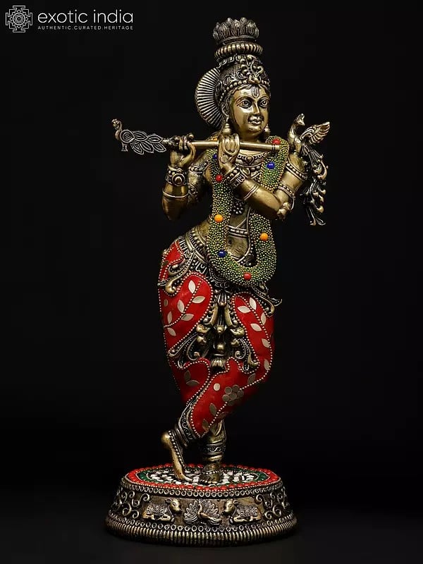 Exotic India 14" Superfine Tribhanga Murari Krishna Playing Flute | Brass Statue With Inlay Work 