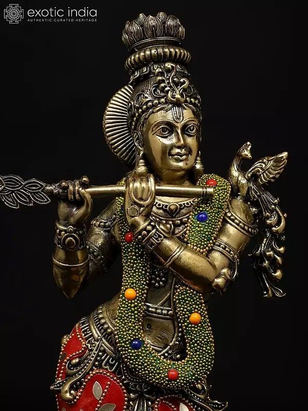 Exotic India 14" Superfine Tribhanga Murari Krishna Playing Flute | Brass Statue With Inlay Work 