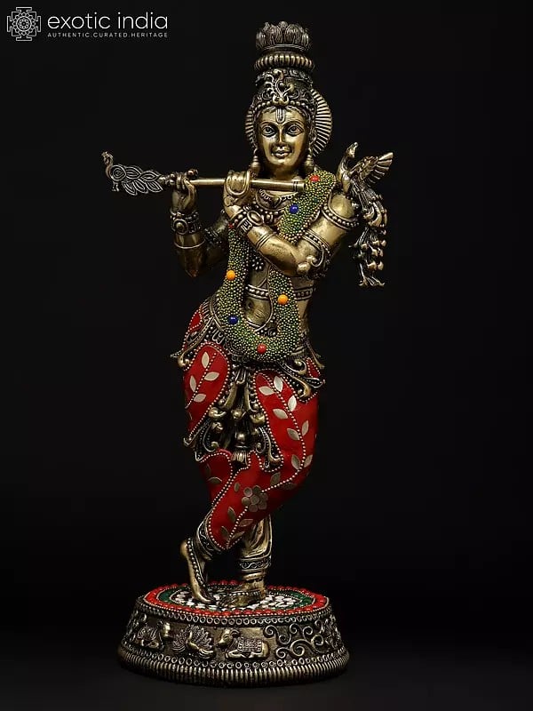 exotic india 14" Superfine Tribhanga Murari Krishna Playing Flute | Brass Statue with Inlay Work 