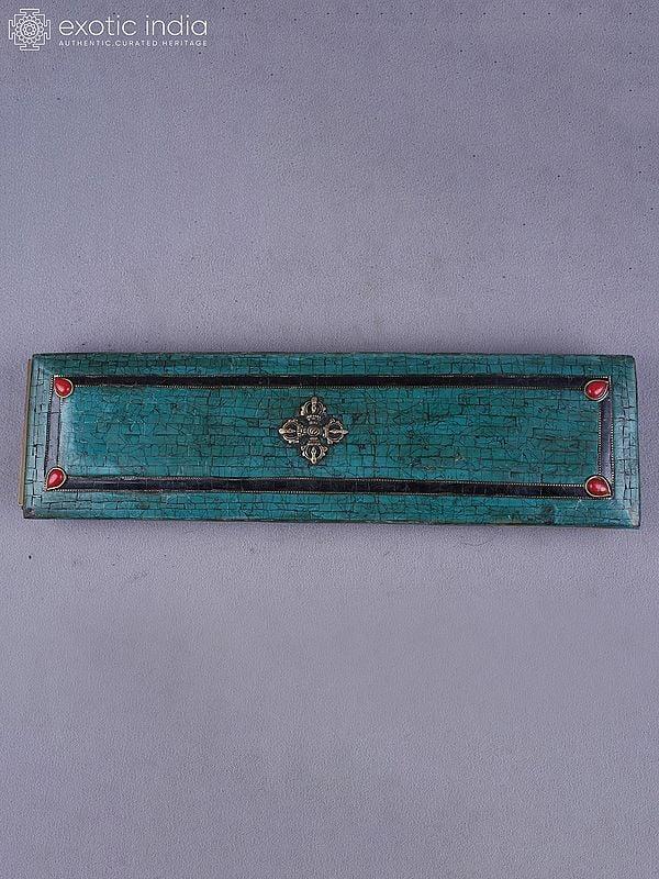 Exotic India 14" Tibetan Buddhist Book Cover In Brass With Inlay Work | Ritual Item 