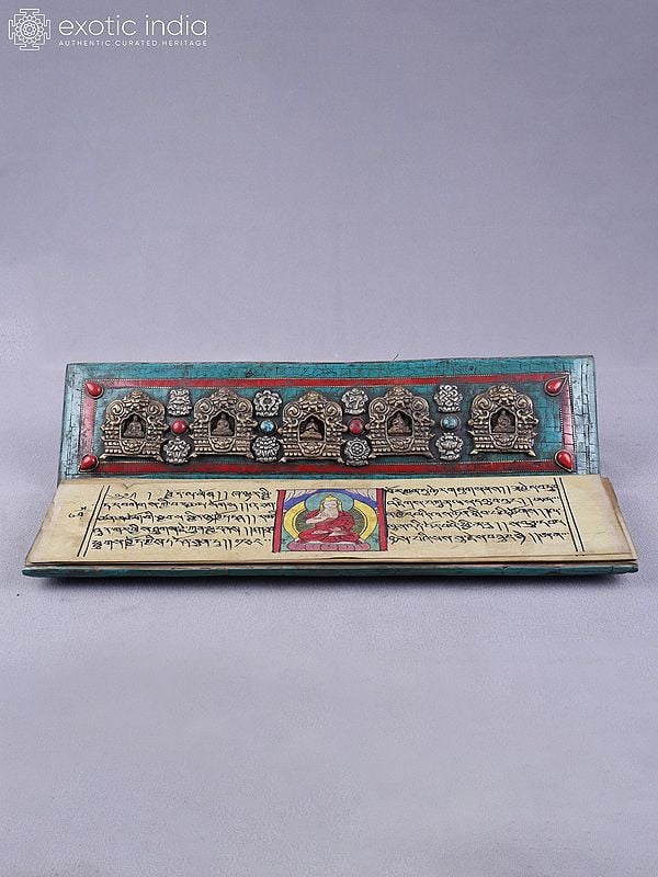 exotic india 14" Tibetan Buddhist Book Cover In Brass With Inlay Work | Ritual Item 