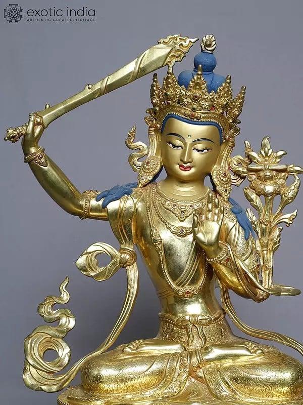 Exotic India 14" Tibetan Buddhist Manjushree Seated On Lotus Pedestal In Copper Gold Plated From Nepal 