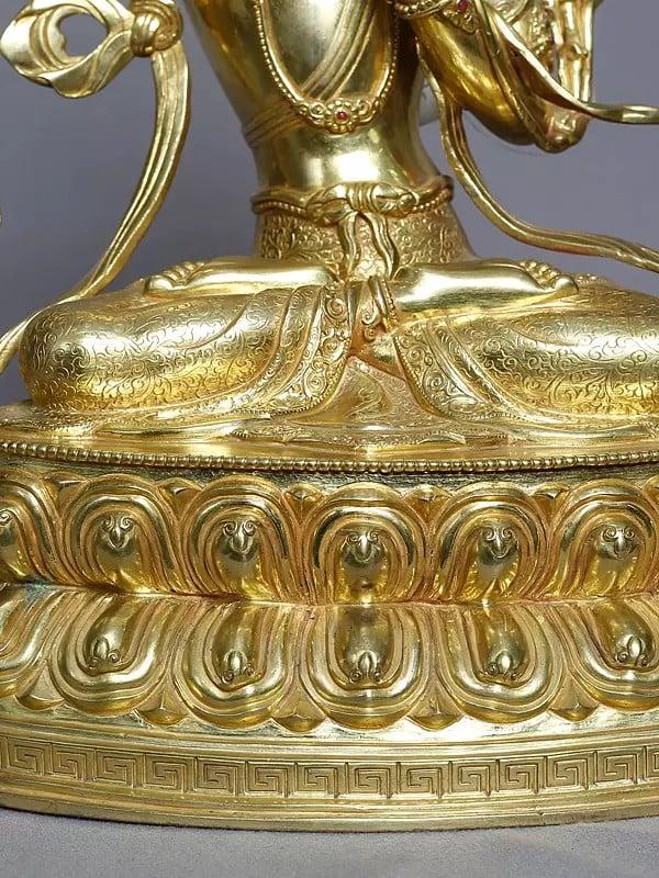 Exotic India 14" Tibetan Buddhist Manjushree Seated On Lotus Pedestal In Copper Gold Plated From Nepal 