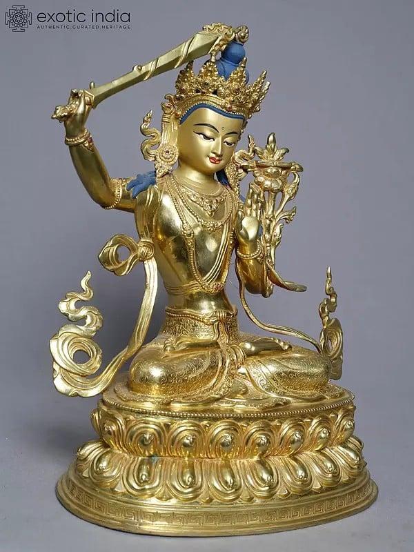 Exotic India 14" Tibetan Buddhist Manjushree Seated On Lotus Pedestal In Copper Gold Plated From Nepal 