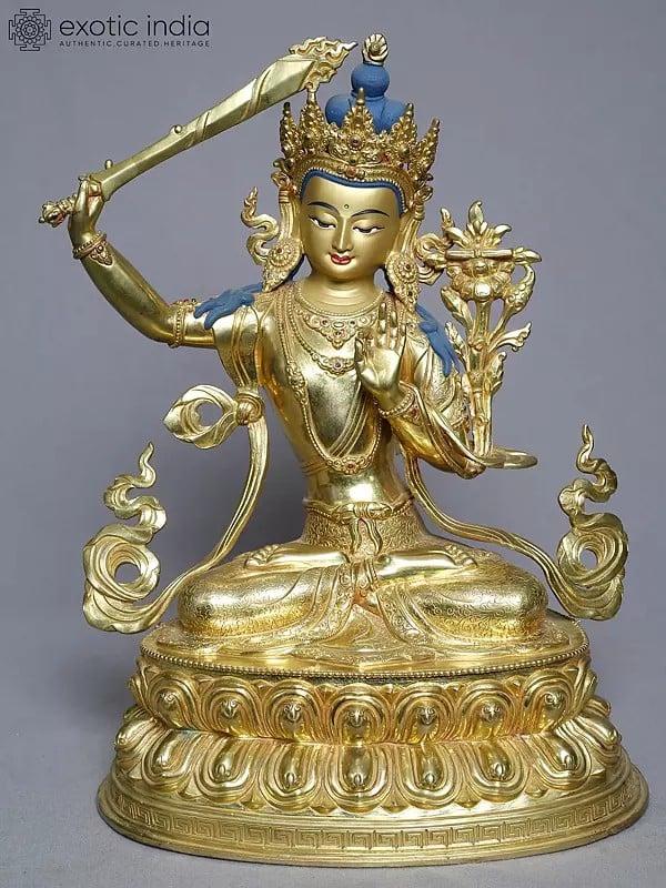 exotic india 14" Tibetan Buddhist Manjushree Seated On Lotus Pedestal In Copper Gold Plated From Nepal 