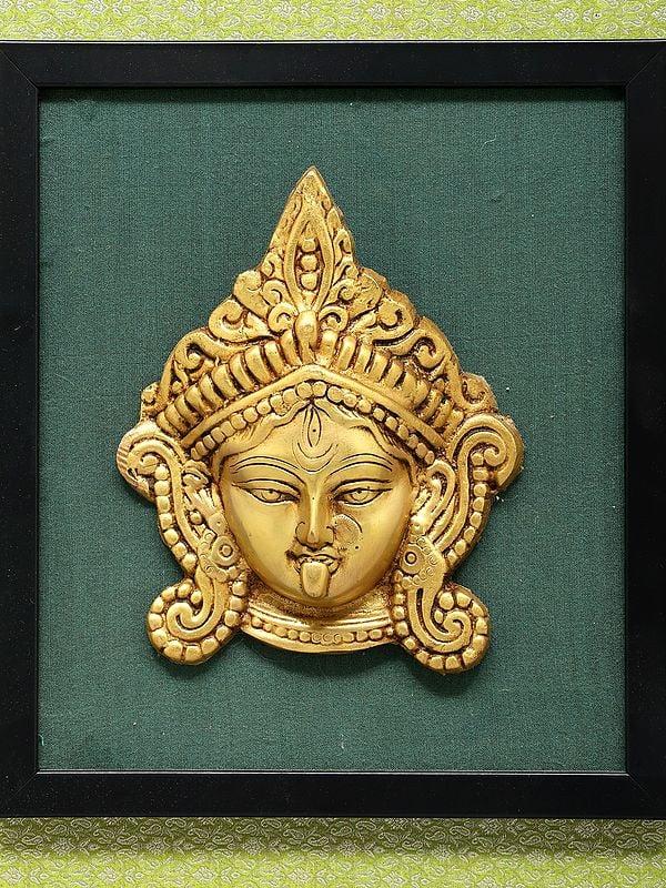 Exotic India 14" Wood Framed Goddess Durga Statue In Brass | Wall Hanging 