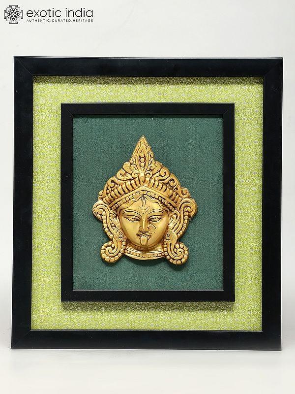 exotic india 14" Wood Framed Goddess Durga Statue in Brass | Wall Hanging 