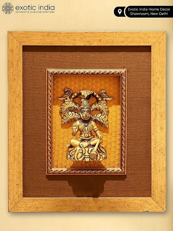 Exotic India 15" Blessing Lord Hanuman Wood Framed Brass Statue | Wall Hanging Idol 