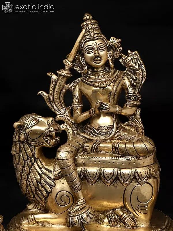 Exotic India 15" Brass Goddess Tara Seated On Lion | Buddhist Statue 