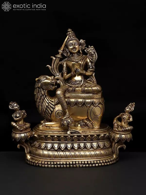 exotic india 15" Brass Goddess Tara Seated on Lion | Buddhist Statue 