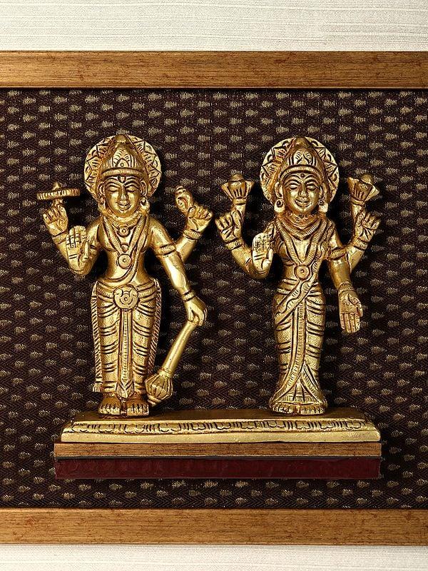 Exotic India 15" Brass Lakshmi Narayana Idol In Wooden Framed | Wall Hanging Decor 