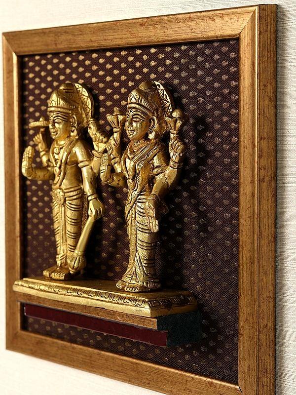 Exotic India 15" Brass Lakshmi Narayana Idol In Wooden Framed | Wall Hanging Decor 