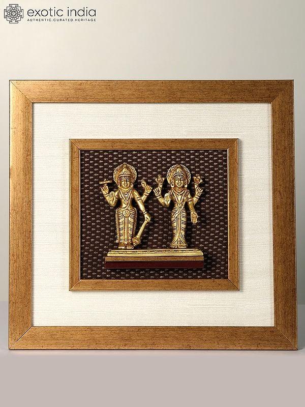 exotic india 15" Brass Lakshmi Narayana Idol in Wooden Framed | Wall Hanging Decor 