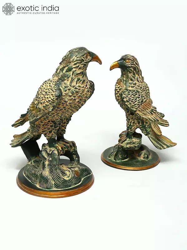 Exotic India 15" Brass Pair Of Eagle Statues | Table Decor 