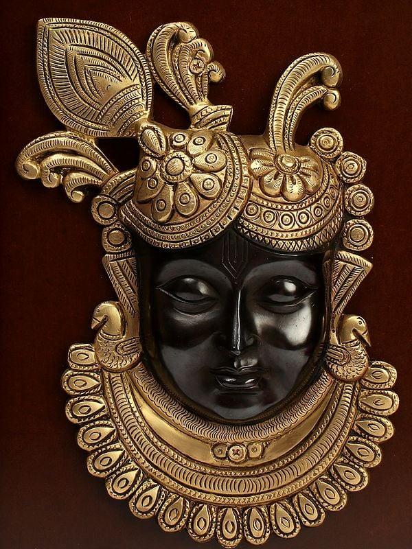 Exotic India 15" Brass Shrinath Ji Face In Wooden Frame | Wall Hanging 