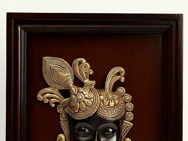 Exotic India 15" Brass Shrinath Ji Face In Wooden Frame | Wall Hanging 