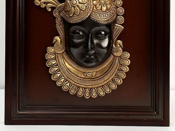 Exotic India 15" Brass Shrinath Ji Face In Wooden Frame | Wall Hanging 
