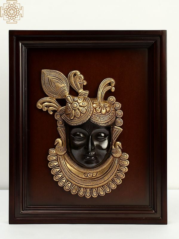 exotic india 15" Brass Shrinath ji Face in Wooden Frame | Wall Hanging 
