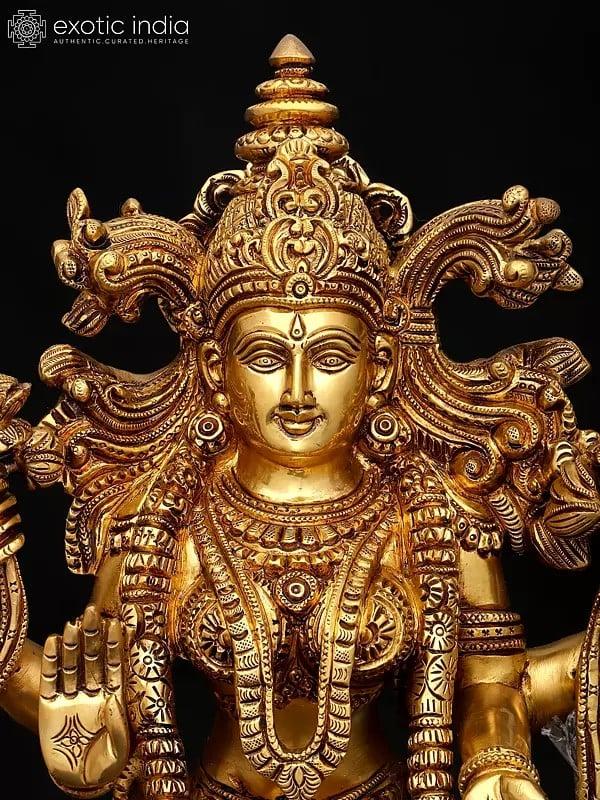 Exotic India 15" Exquisite Brass Goddess Lakshmi Statue - Perfect For Temple & Home 