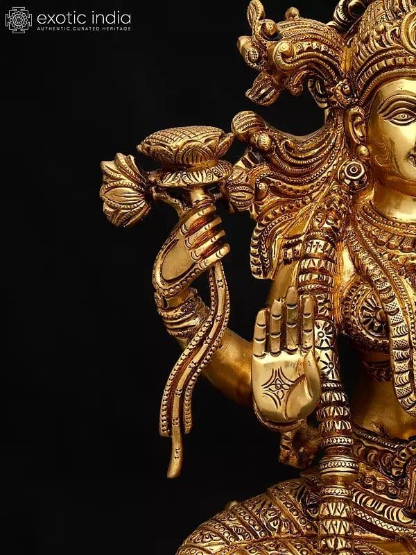 Exotic India 15" Exquisite Brass Goddess Lakshmi Statue - Perfect For Temple & Home 