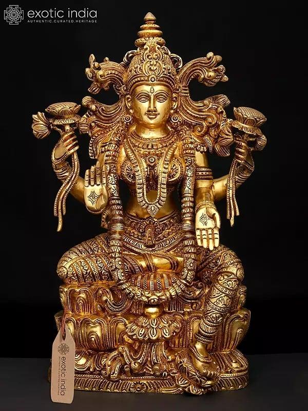 exotic india 15" Exquisite Brass Goddess Lakshmi Statue - Perfect for Temple & Home 