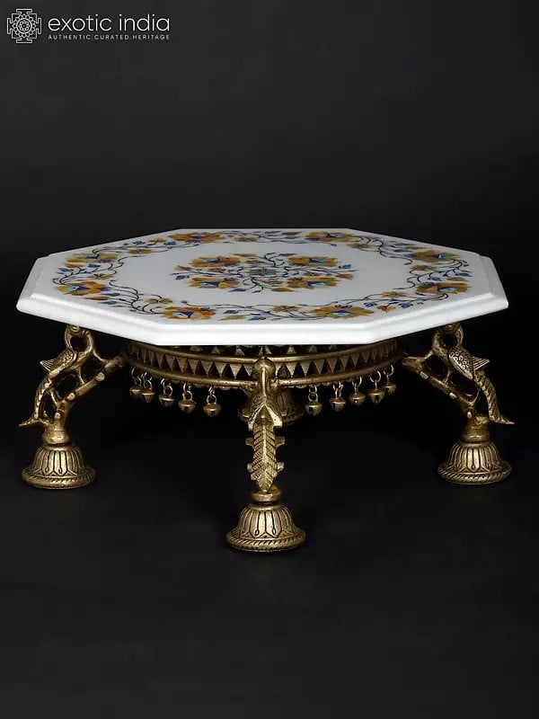 Exotic India 15" Floral Inlaid Designer Marble Pedestal (Chowki) With Brass Base 