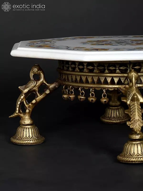 Exotic India 15" Floral Inlaid Designer Marble Pedestal (Chowki) With Brass Base 