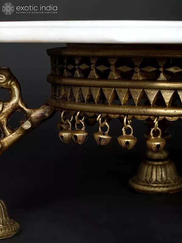 Exotic India 15" Floral Inlaid Designer Marble Pedestal (Chowki) With Brass Base 