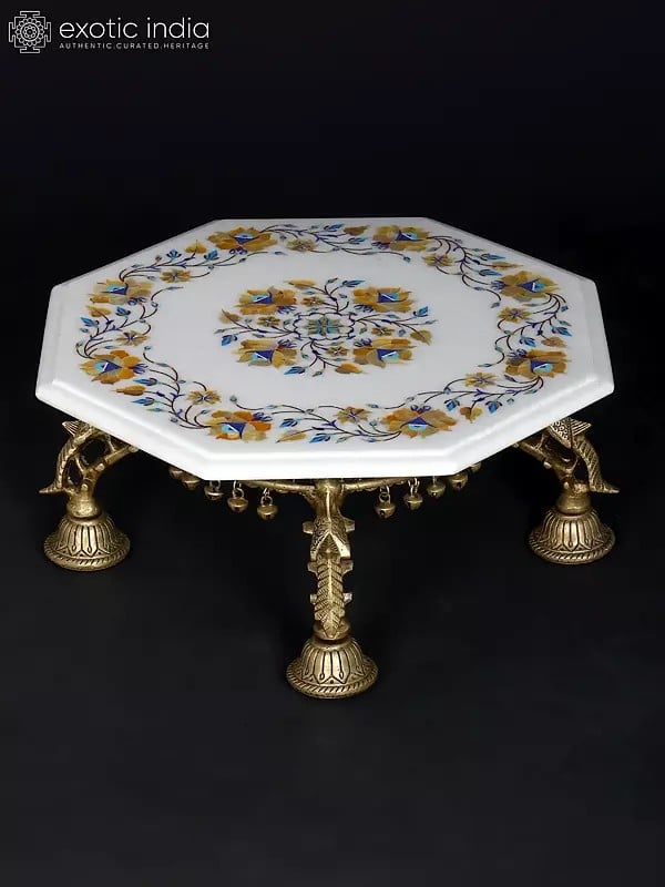 exotic india 15" Floral Inlaid Designer Marble Pedestal (Chowki) with Brass Base 