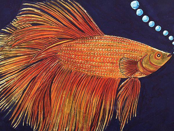 Exotic India 15" Framed Betta (Siamese Fighting Fish) | Tanjore Painting 
