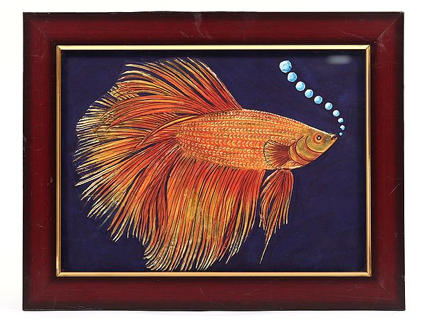 exotic india 15" Framed Betta (Siamese Fighting Fish) | Tanjore Painting