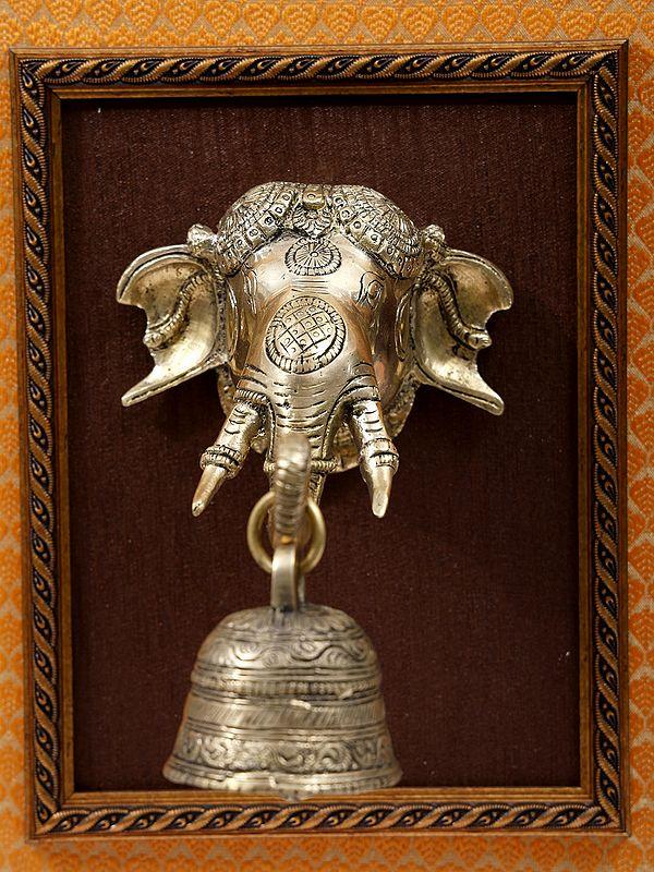 Exotic India 15" Ganesha Bell In Brass | Wood Framed | Wall Hanging 