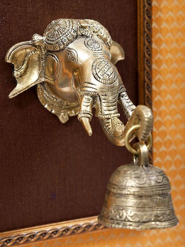 Exotic India 15" Ganesha Bell In Brass | Wood Framed | Wall Hanging 