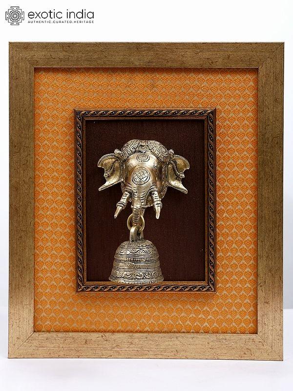 exotic india 15" Ganesha Bell in Brass | Wood Framed | Wall Hanging 