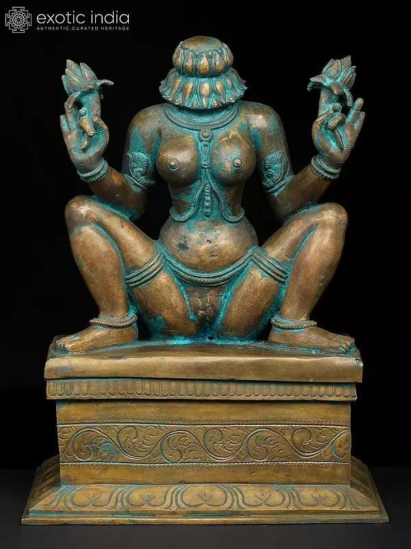 exotic india 15" Goddess Lajja Gauri | Madhuchista Vidhana (Lost-Wax) | Panchaloha Bronze from Swamimalai 