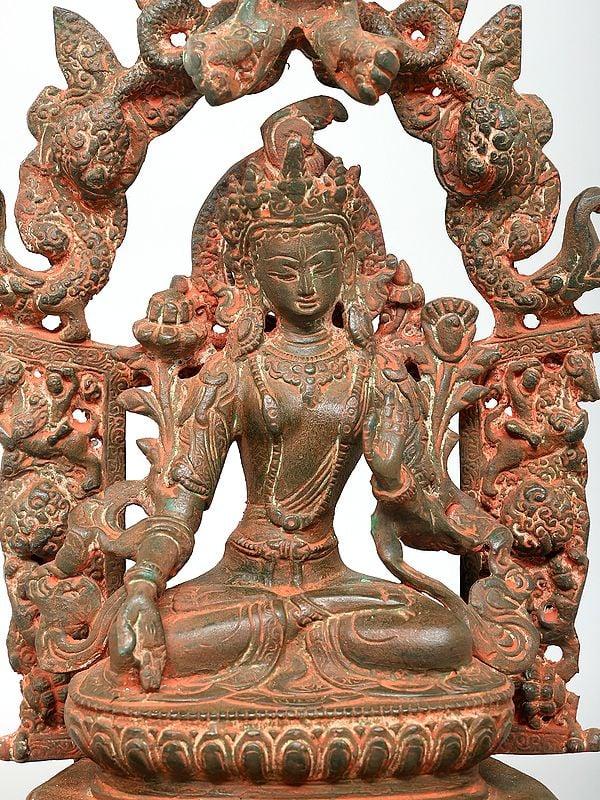 Exotic India 15" Goddess White Tara Seated On Throne | Brass Statue 