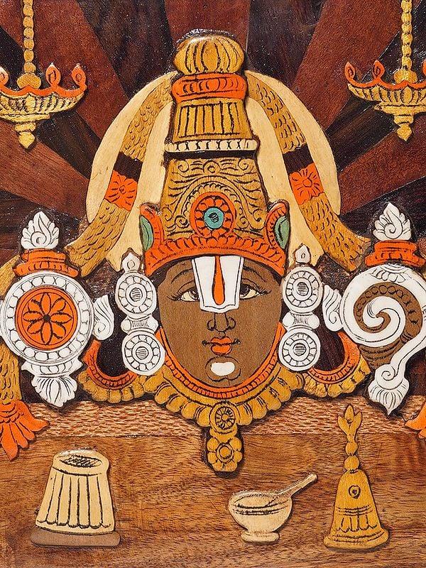 Exotic India 15" Head Of Tirupati Balaji With Vaishnava Symbols | Rosewood Panel With Inlay Work 