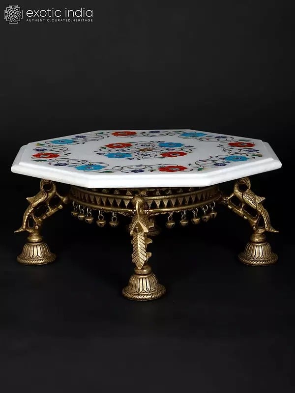 Exotic India 15" Hexagon Shaped Designer Marble Pedestal (Chowki) With Brass Base 