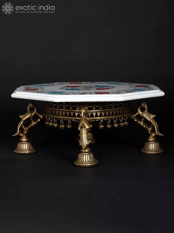 Exotic India 15" Hexagon Shaped Designer Marble Pedestal (Chowki) With Brass Base 