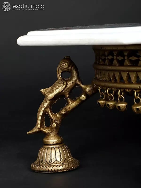 Exotic India 15" Hexagon Shaped Designer Marble Pedestal (Chowki) With Brass Base 
