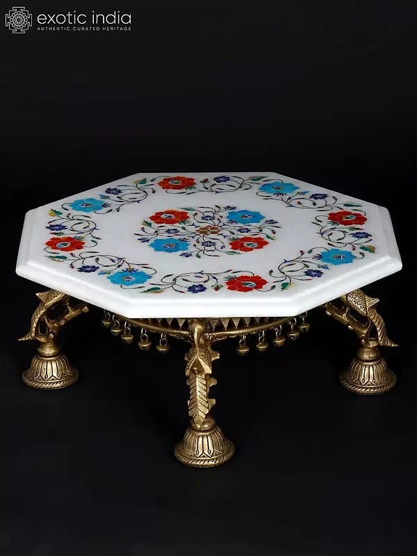 exotic india 15" Hexagon Shaped Designer Marble Pedestal (Chowki) with Brass Base 