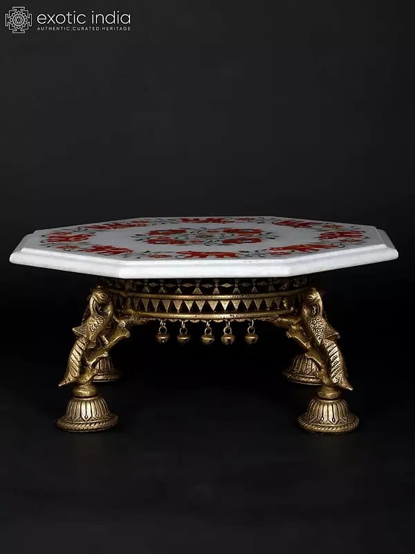Exotic India 15" Hexagon Shaped Designer Pedestal (Chowki) With Inlay Work | Brass And Marble 